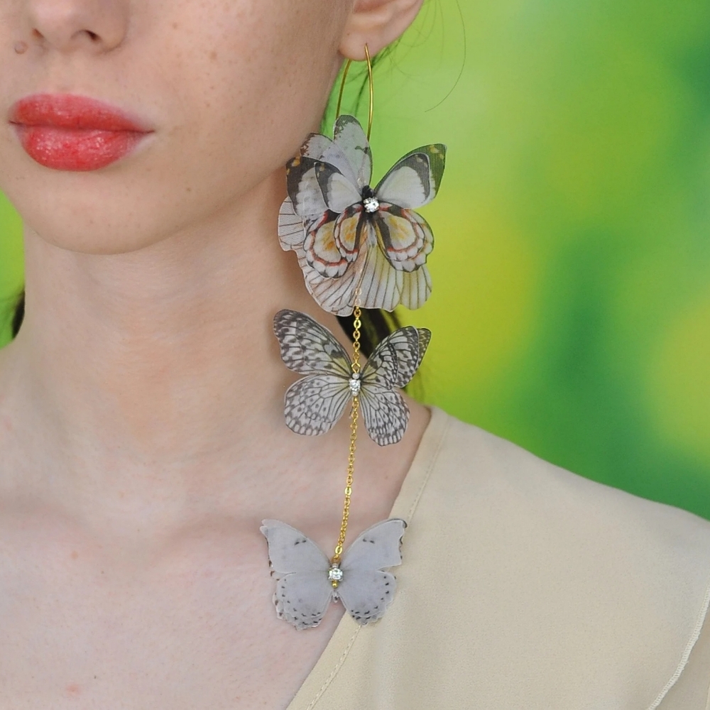 New Silk butterflies boho festival extra long drop earrings